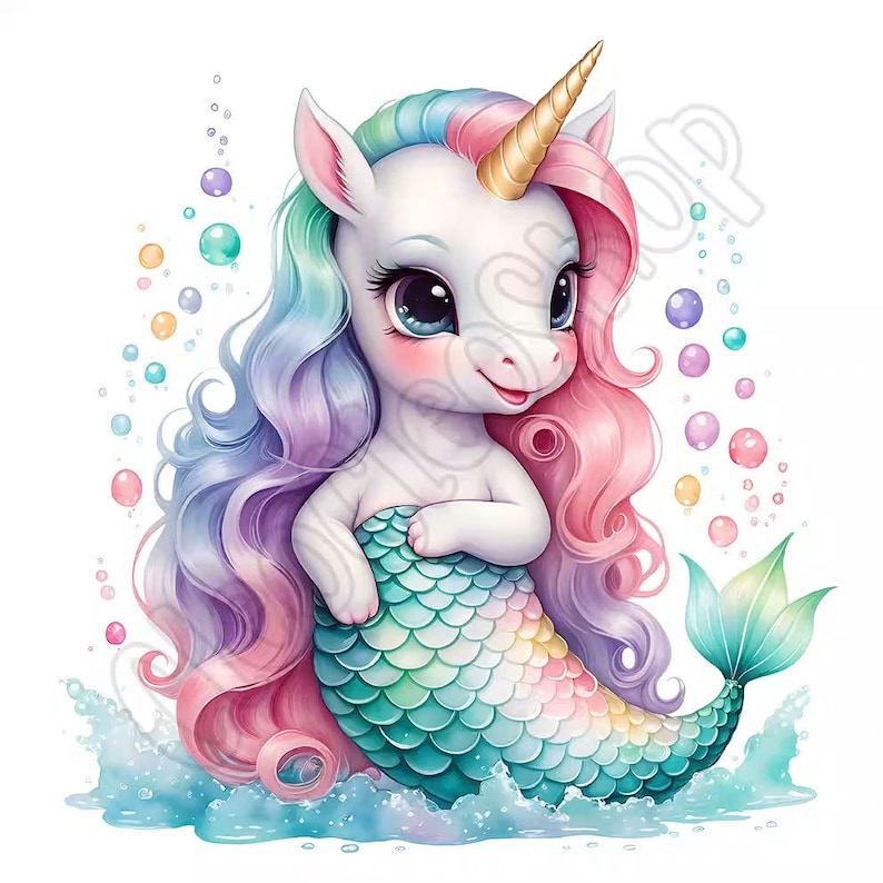Watercolor Cute Mermaid Unicorn Clipart Bundle, 10 High-quality Pngs ...