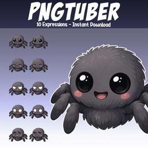 Può includere: Illustrazione digitale di un ragno dei cartoni animati con diverse espressioni. Il testo "PNGTUBER" e "10 Expressions - Instant Download" sono presenti. Il ragno è grigio con grandi occhi e guance rosa.