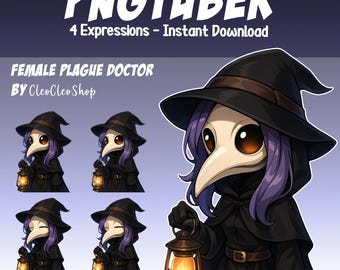 May include: Digital art of a Female Plague Doctor with purple hair, wearing a black hat, cloak, and a white beak mask. The image includes four expressions and the text "PNGTUBER" and "4 Expressions - Instant Download".