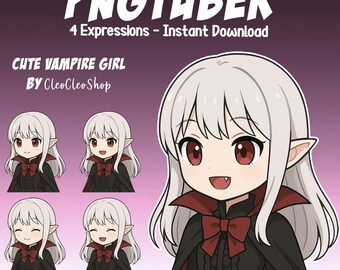 Halloween Goth Vampire Girl PNGtuber - Goth Girl Animated vTuber Stream - 4 expressions - Chibi Giftuber Reactive Avatar vTuber for Streamer