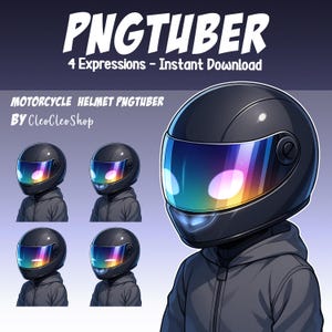 Pode incluir: Ilustração digital de um capacete de motocicleta preto com viseira colorida. A imagem inclui o texto "PNGTUBER" e "4 Expressões - Download instantâneo". Abaixo, quatro imagens menores do capacete. O texto "MOTORCYCLE HELMET PNGTUBER BY CleoCleoShop" também está incluído.