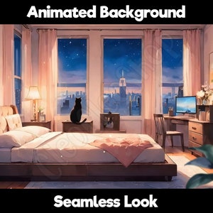 Vtuber Background Stream Design | Animated Looped Background Twitch Bedroom with Cat | Looped Overlay | Cozy Ambience Vtuber Background