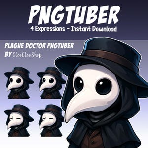 Puede incluir: Ilustración digital de un PNGTuber de médico de la peste con cuatro expresiones diferentes. El médico lleva un sombrero negro, una capa y una máscara blanca con un pico largo. El texto en la parte superior dice "PNGTUBER" y "4 Expressions - Instant Download."