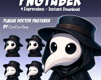 May include: Digital art of a Plague Doctor PNGTuber with four different expressions. The doctor wears a black hat, cloak, and a white mask with a long beak. Text at the top reads "PNGTUBER" and "4 Expressions - Instant Download."