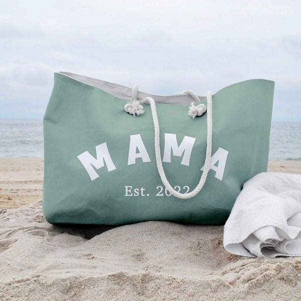 Beach Mama Large Shore Name Tote, Custom Oversize Weekender Duffle, Beach House Travel Bag, New Mom Beach Lover Baby Shower Birthday Gift