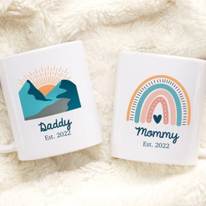 Mom and Dad Est Mug Set, New Parent Boho Gift, Mom and Dad Est Coffee Cups, Parent Baby Shower Gift, Rainbow Mommy Daddy Coffee Mug Gift
