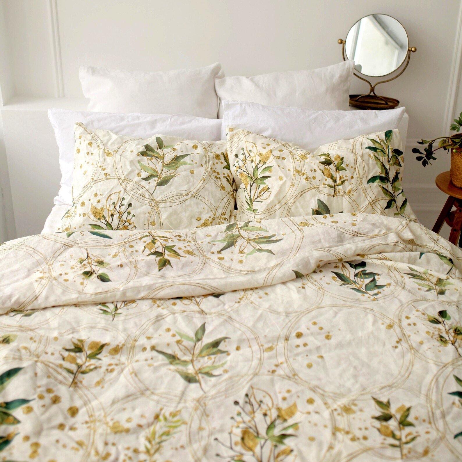 FLORAL LINEN duvet cover. Green leaves and Gold circles Etsy