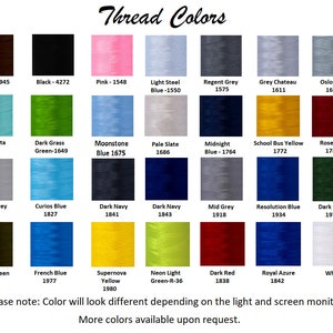 May include: A chart of thread colors with corresponding numbers. The colors include brown, black, pink, light steel blue, regent grey, grey chateau, oslo grey, blue hosta, dark grass green, moonstone blue, pale slate, midnight blue, school bus yellow, rosewood, nobel grey, curios blue, dark navy, dark navy, mid grey, resolution blue, dark green, thatch green, french blue, supernova yellow, neon light green, dark red, royal azure, and white.