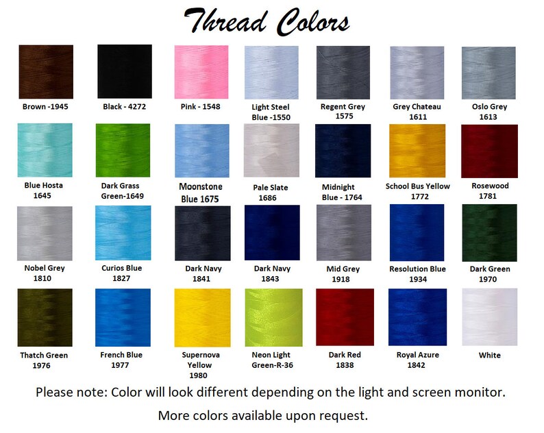 May include: A chart of thread colors with corresponding numbers. The colors include brown, black, pink, light steel blue, regent grey, grey chateau, oslo grey, blue hosta, dark grass green, moonstone blue, pale slate, midnight blue, school bus yellow, rosewood, nobel grey, curios blue, dark navy, dark navy, mid grey, resolution blue, dark green, thatch green, french blue, supernova yellow, neon light green, dark red, royal azure, and white.