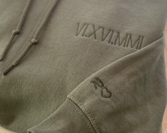 Custom Embroidered Roman Numeral Hoodie and Sweatshirt • Couples Gift • Personalized Date and Initial • Engagements, Anniversaries