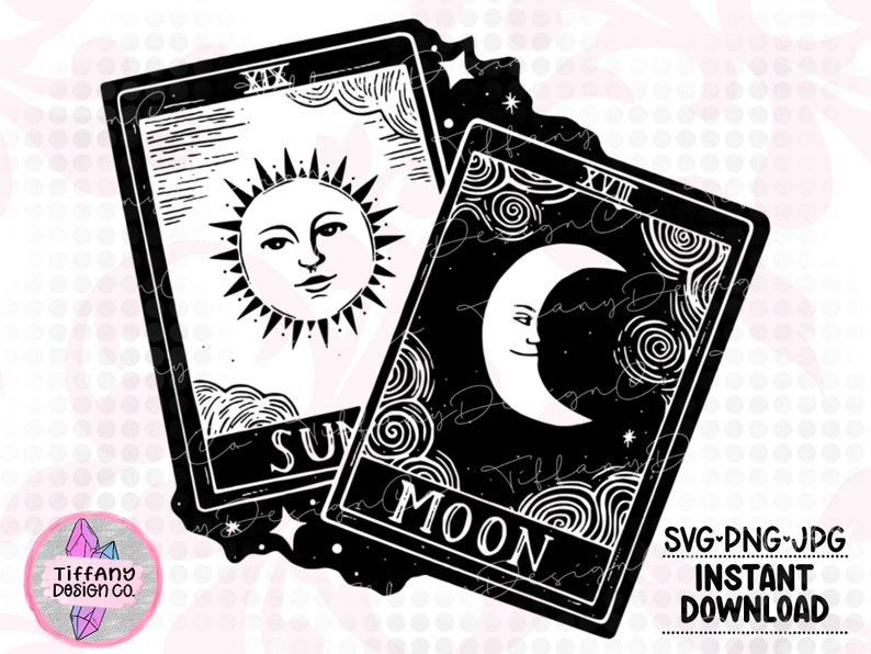 May include: Black and white illustration of two tarot cards, one with a sun and the text "Sun" and the other with a crescent moon and the text "Moon".