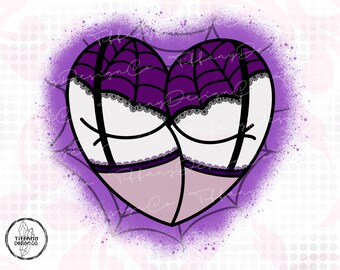 May include: Purple heart-shaped design with a black spiderweb pattern and white lace trim. The design is on a white background with purple splatter paint.