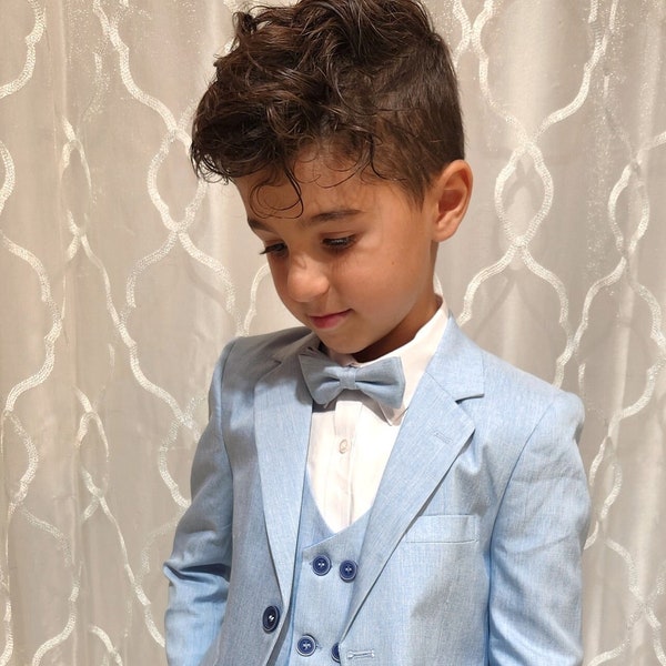 Boy's 5-Pieces Slim Fit suit  Set Light Blue  color  [jacket, , vest ,pants, white shirt and Bow tie ]