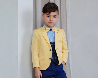 Boy's 5-Pieces Slim Fit Yellow and Blue Suit Set [jacket, double breasted vest, pants ,shirt  and bowtie]