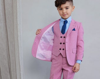 Boy's 5-Pieces Slim Fit Pink Suit Set [jacket, matching vest blue shirt , blue tie and pants]
