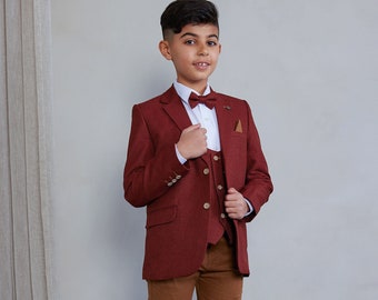 Boy's 5-Pieces Suit Auburn and Tan Set [jacket, double breasted vest, pants, shirt and bowtie]