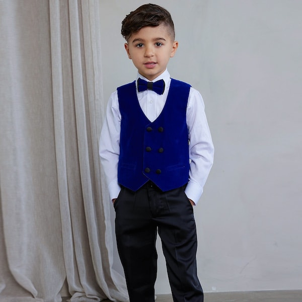 Boy's 4-Pieces Slim Fit Velvet Blue Vest and Pants Set [slim fit vest, white shirt, black pants, matching bowtie]