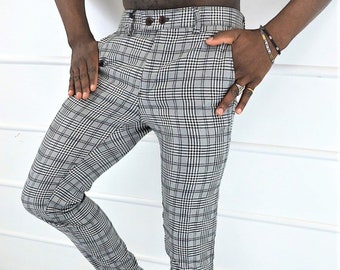 Men s Fashion Plaid Pants Black and White