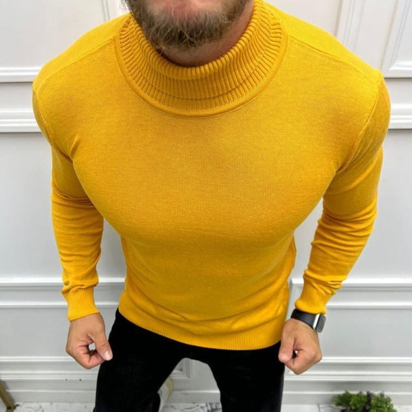 Fine Knit Men's yellow Turtleneck Sweater