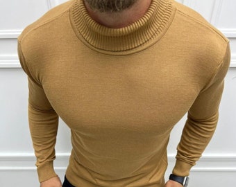 Fine Knit Men's Khaki Turtleneck Sweater