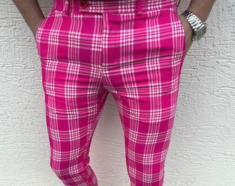 Men s Fashion Plaid Pants Hotpink and white