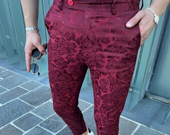 Men's Fashion Floral Pants ( Burgundy  )