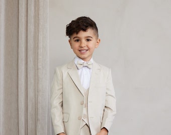 Boy's 5-Pieces Slim Fit suit  Set Sand  color  [jacket, , vest ,pants, white shirt and Bow tie ]