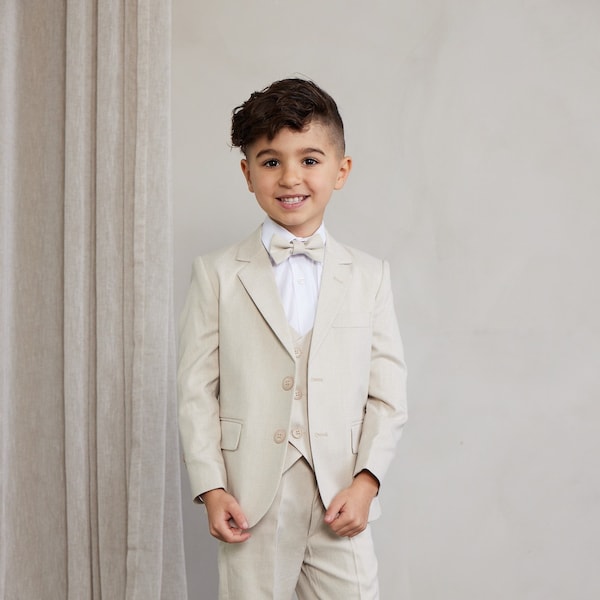 Boy's 5-Pieces Slim Fit suit  Set Sand  color  [jacket, , vest ,pants, white shirt and Bow tie ]