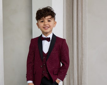 Boy's 5-Pieces Slim Fit Burgundy  Fashion Sequin Tuxedo Set  perfect for Weddings, Parties and more ) [jacket,  vest ,pants, shirt, bowtie]