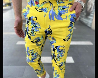 Men's Fashion Floral Pants (Yellow and Navy  )
