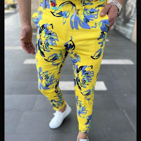 Men's Fashion Floral Pants (Yellow and Navy  )