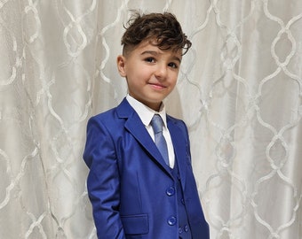 Boy's 5-Pieces Slim Fit suit  Set  Dark Blue color  [jacket, , vest ,pants, white shirt and Bow tie ]