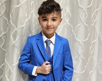 Boy's 5-Pieces Slim Fit suit  Set  Cornflower  color  [jacket, , vest ,pants, white shirt and Bow tie ]