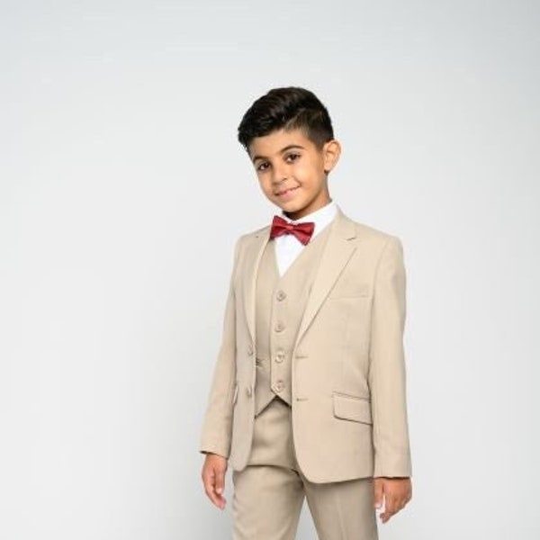 Boy's 5-pieces Tan Slim Fit Suit (jacket, pant, vest ,shirt & Bow tie)