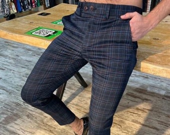 Men's Fashion Plaid Pants ( Navy and Burgundy  )