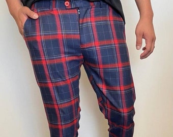 Men's Fashion Plaid Pants ( Navy and Red )