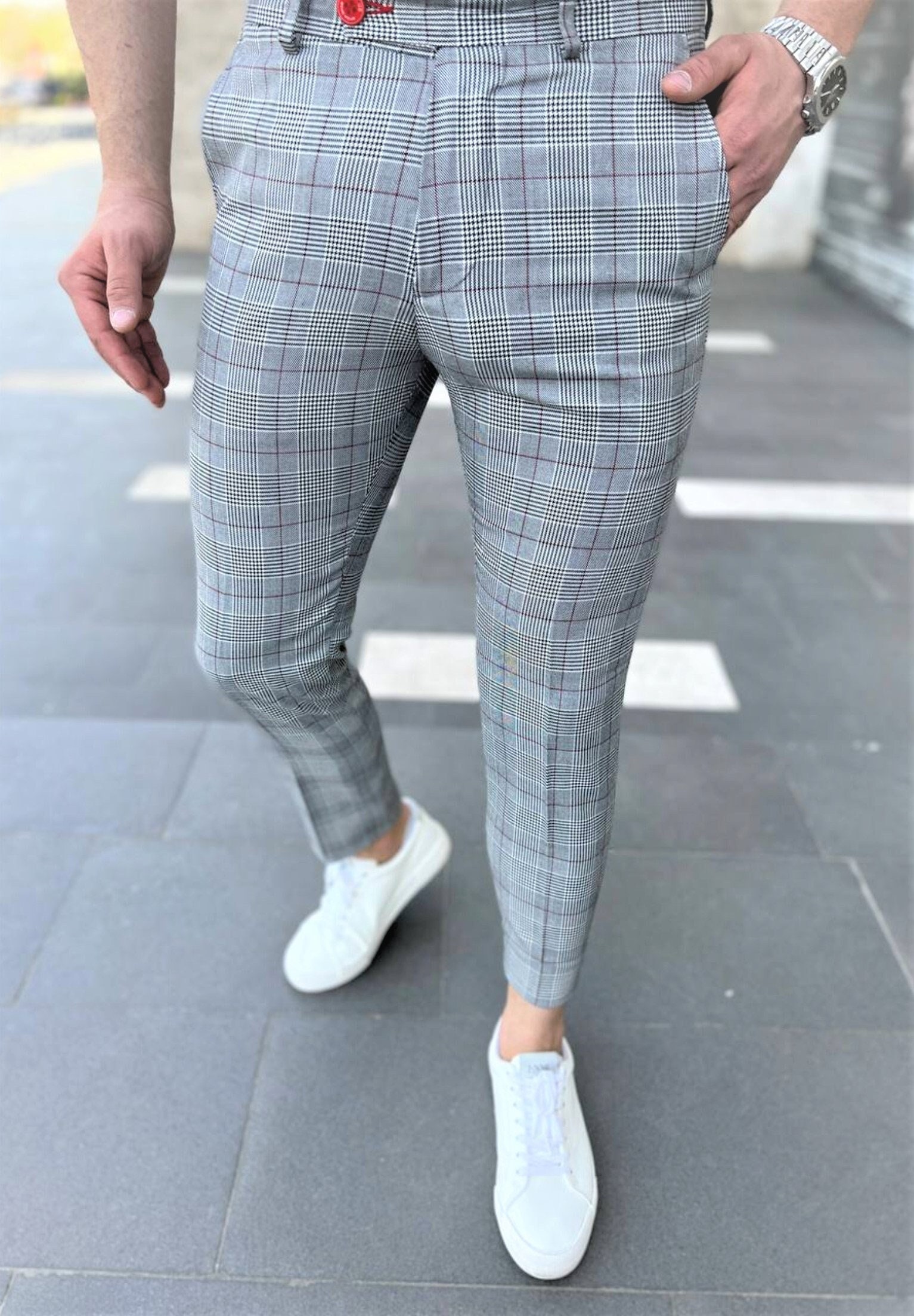 Men's Fashion Plaid Pants ( Grey & Apple red )