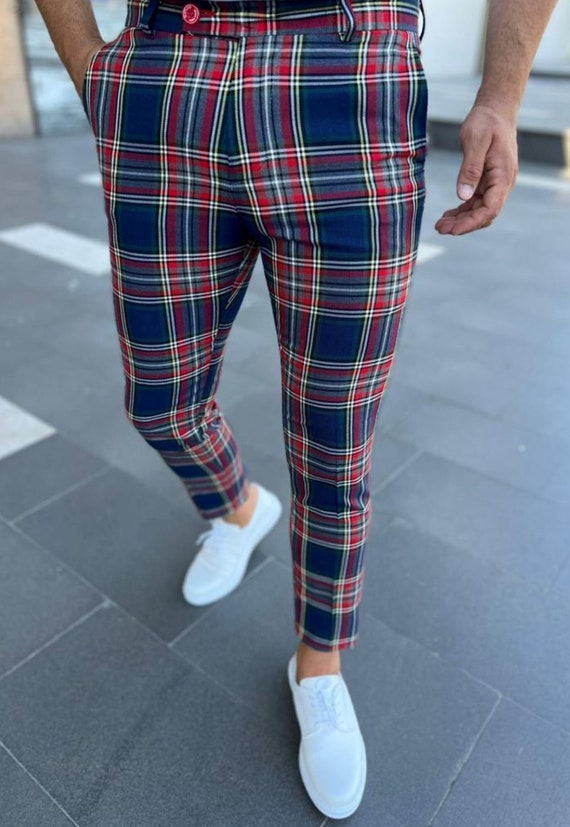 Plaid pants red men sale