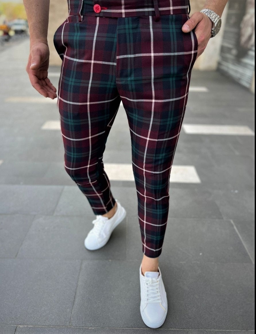 Plaid pants red best sale men