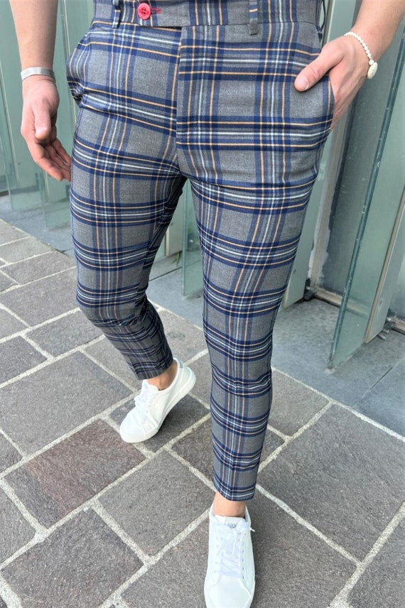Men's Plaid Pants Slim Pencil Pants - Grey / 31