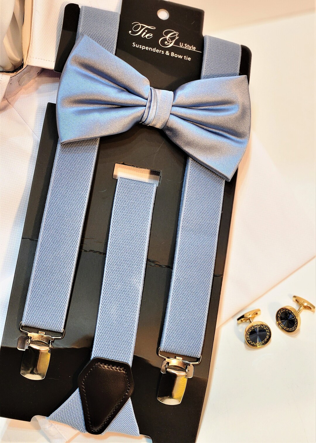 Dusty Blue Color Suspender Matching Bow Tie Set Wedding Accessories for