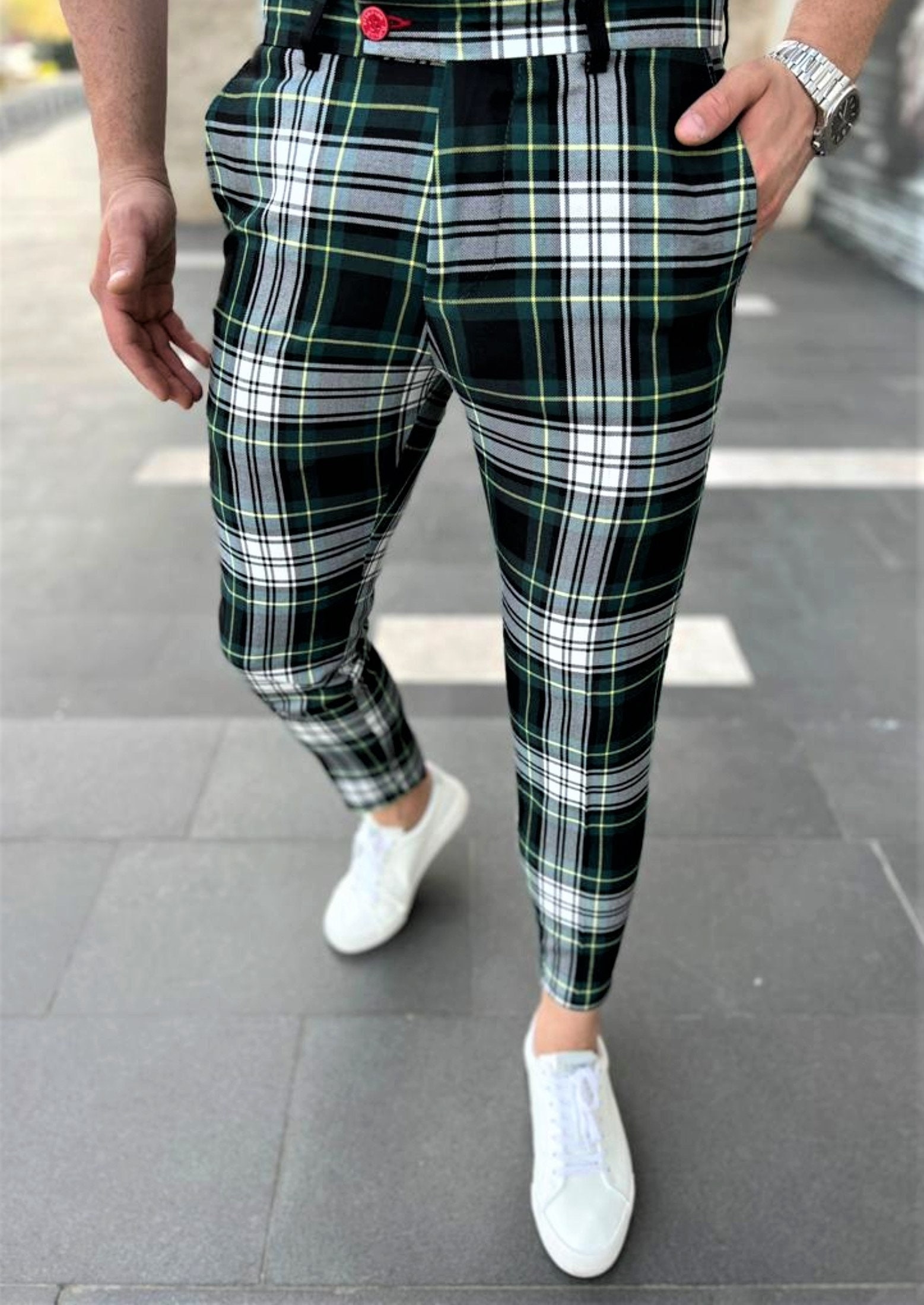 Green plaid pants mens discount