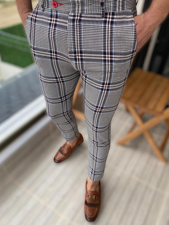 Men's Fashion Plaid Pants Blue & Burgundy - Etsy