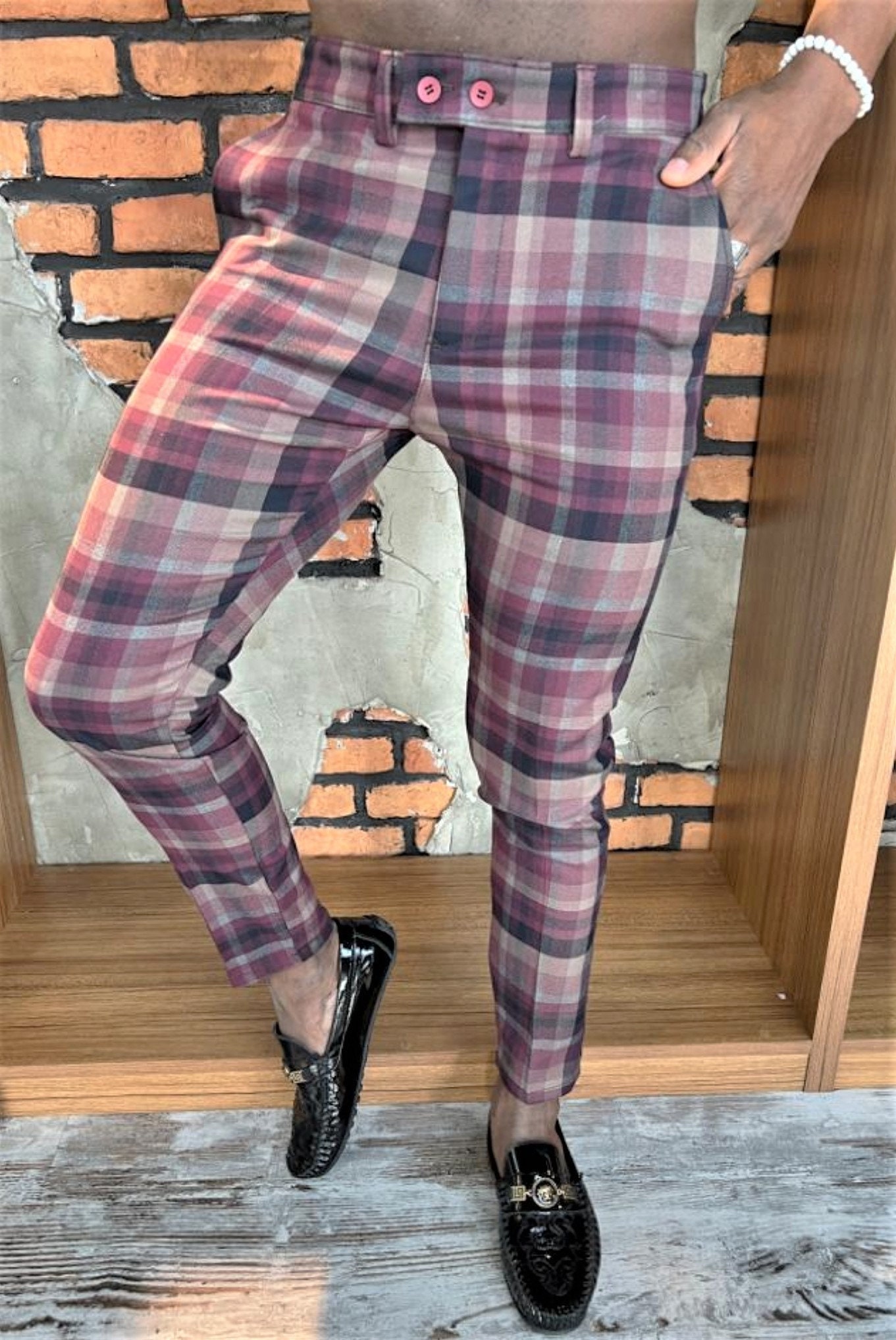 Mens purple plaid pants sales