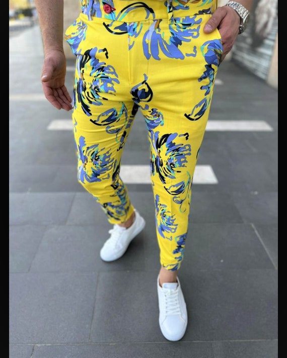 Men s Fashion Floral Pants yellow and Navy Etsy