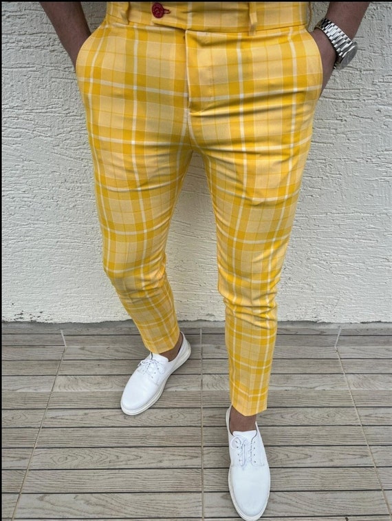 Men's Fashion Plaid Pants yellow -  Israel