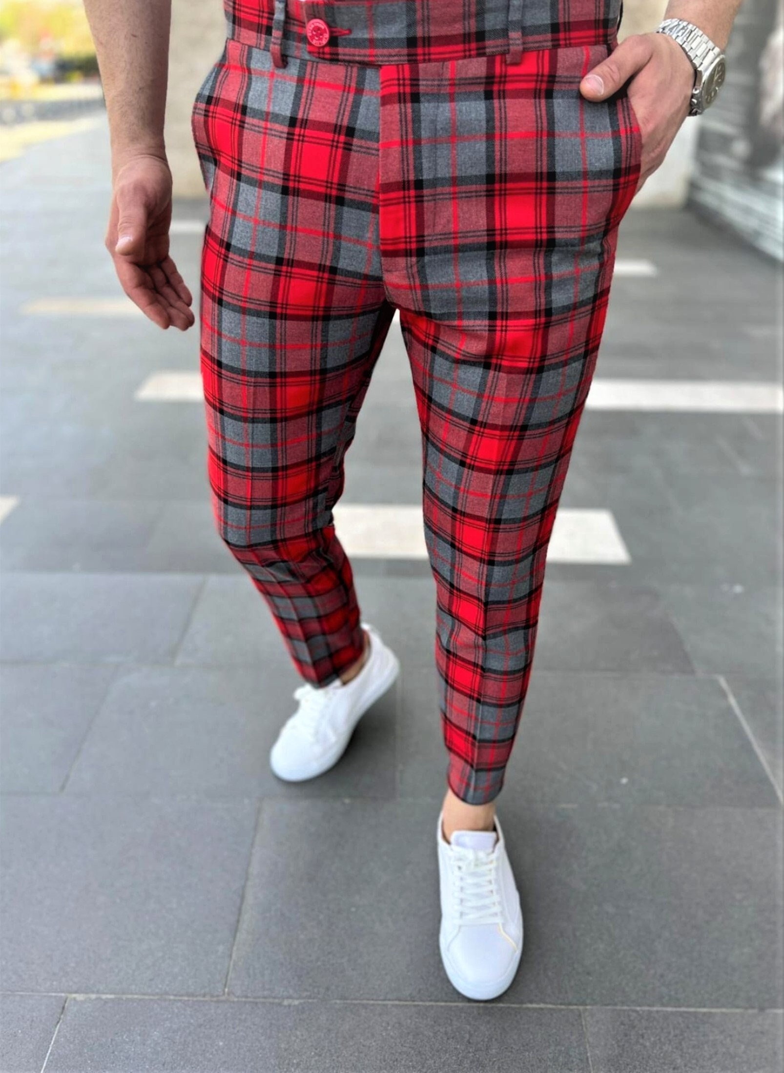 Autonomi Alice Landskab Men's Fashion Plaid Pants Red and Grey - Etsy Finland