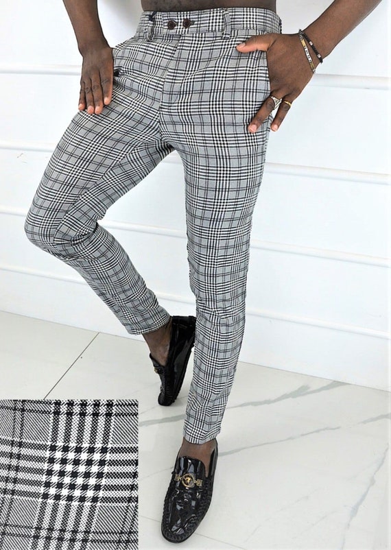 Slim Fit Navy Black Check Trousers | Buy Online at Moss