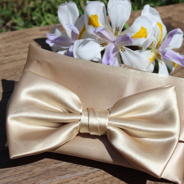 Men's Champagne Satin Bow Tie and handkerchief