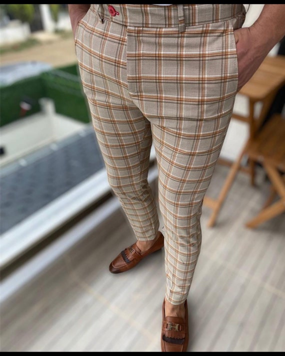 Gray Burgundy Plaid Trousers For Men: Comfort And Style Combined